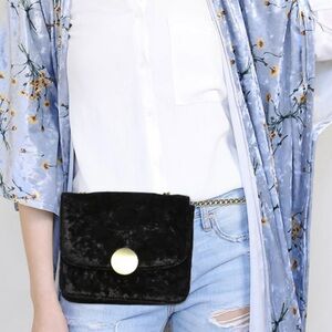Velvet Gray Crossbody Bag with Gold Chain Strap